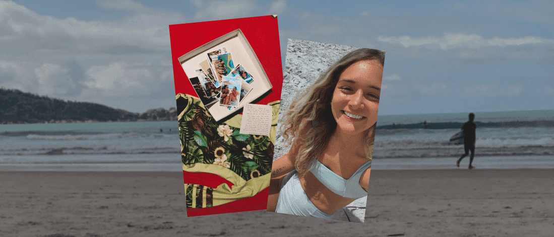 Rebecca Arnaud smiling at the beach, alongside travel mementos and postcards.