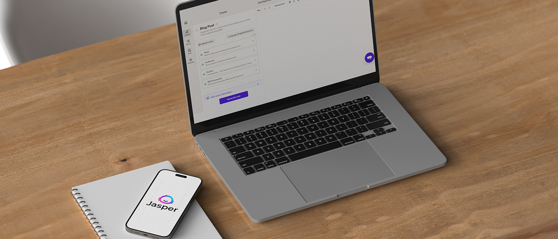Jasper AI logo and interface displaying content generation tools and brand storytelling features