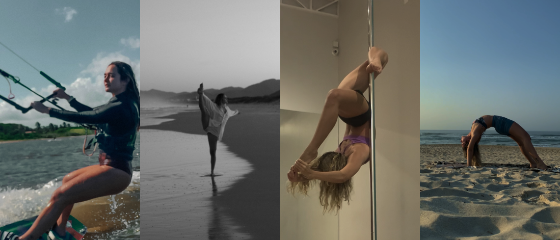 Woman practicing kitesurfing, dance, pole fitness, and yoga to access flow and creative connection